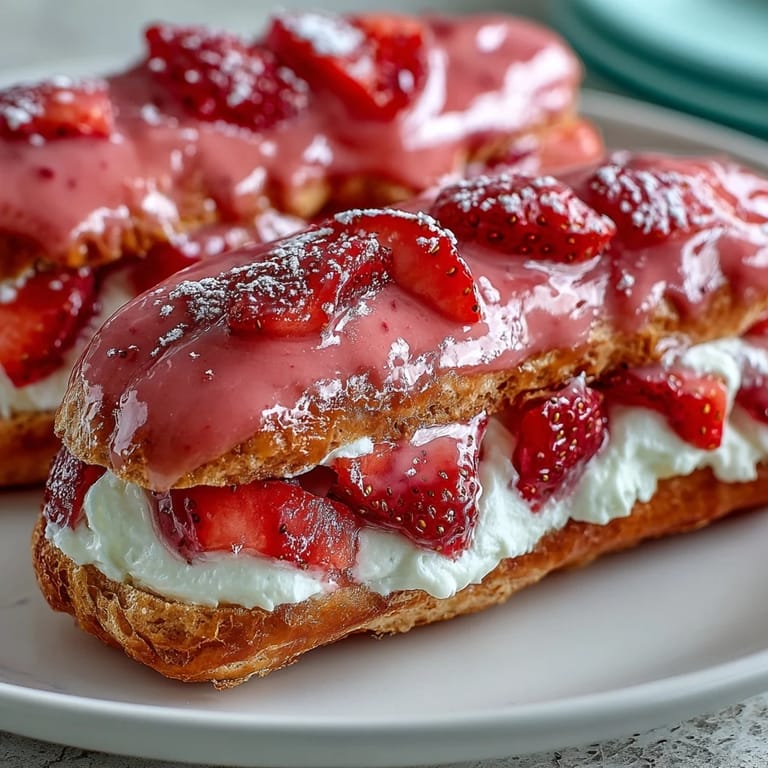 Delicate French éclairs piped with airy choux pastry, filled with luscious strawberry mascarpone cream, and finished with a vibrant pink glaze.