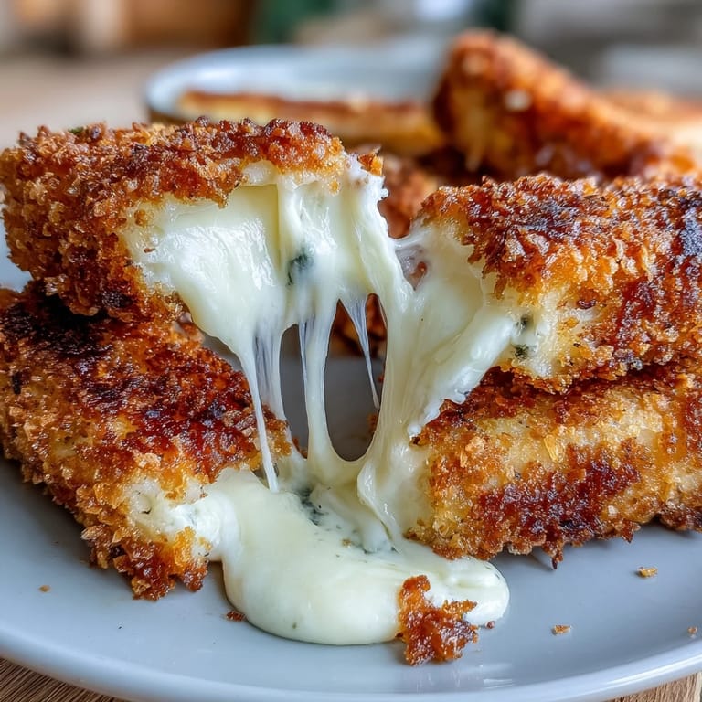 Golden mozzarella sticks from the air fryer, crispy on the outside and gooey inside, served alongside warm marinara dip.