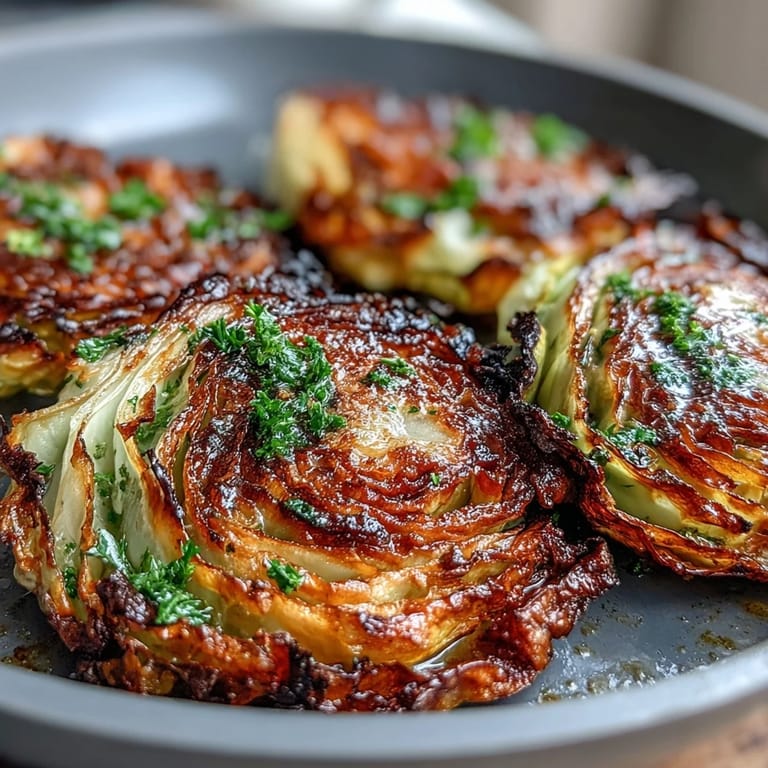 Garlic butter drizzled over perfectly air-fried cabbage steaks, smoky and savory.  