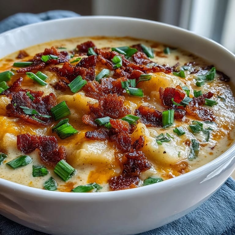 Warm, comforting Irish-American potato soup topped with melty cheese, bacon, and fresh green onion slices.