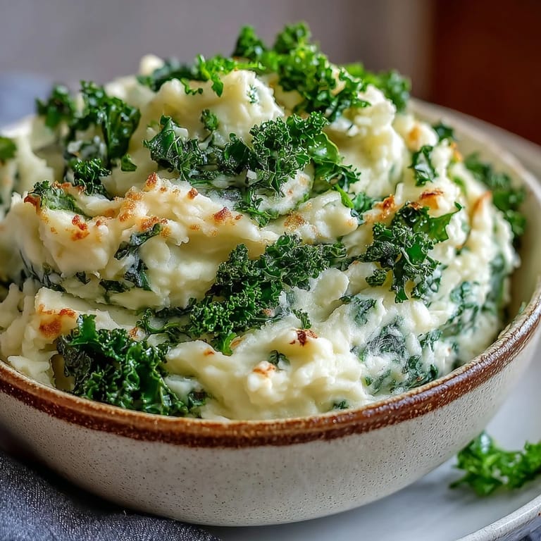 Rich, buttery colcannon mashed potatoes topped with golden, oven-crisp kale leaves for texture and color.  