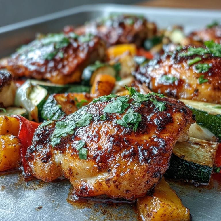 Healthy One-Pan Mango Chili Chicken and Vegetable Dinner with fresh mango, roasted peppers, and cilantro garnish for a summer meal.