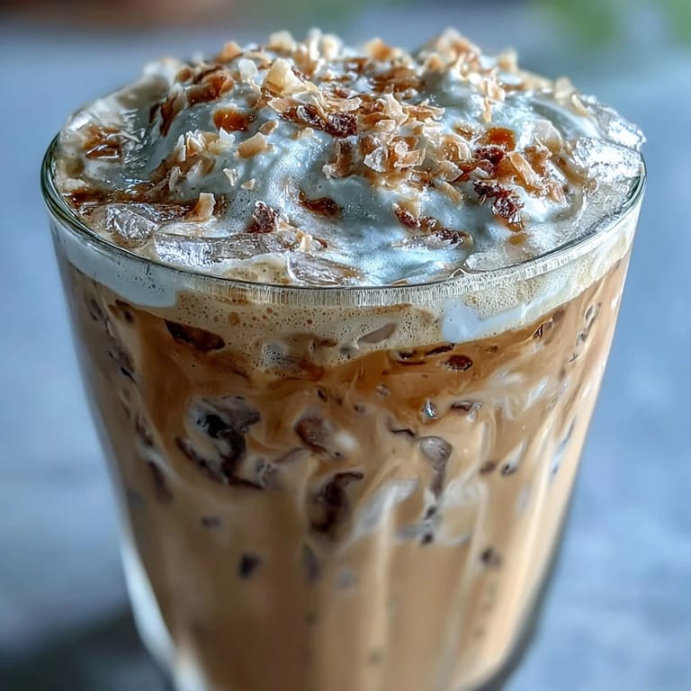Velvety Vanilla Bean Coconut Frappuccino Mocktail topped with whipped coconut cream and toasted coconut flakes.  