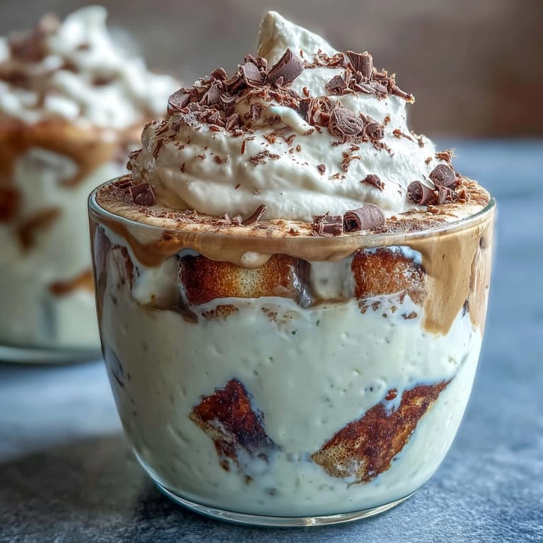 Rich individual tiramisu cups layered with vanilla bean mascarpone and coffee-dipped savoiardi, finished with chocolate shavings.