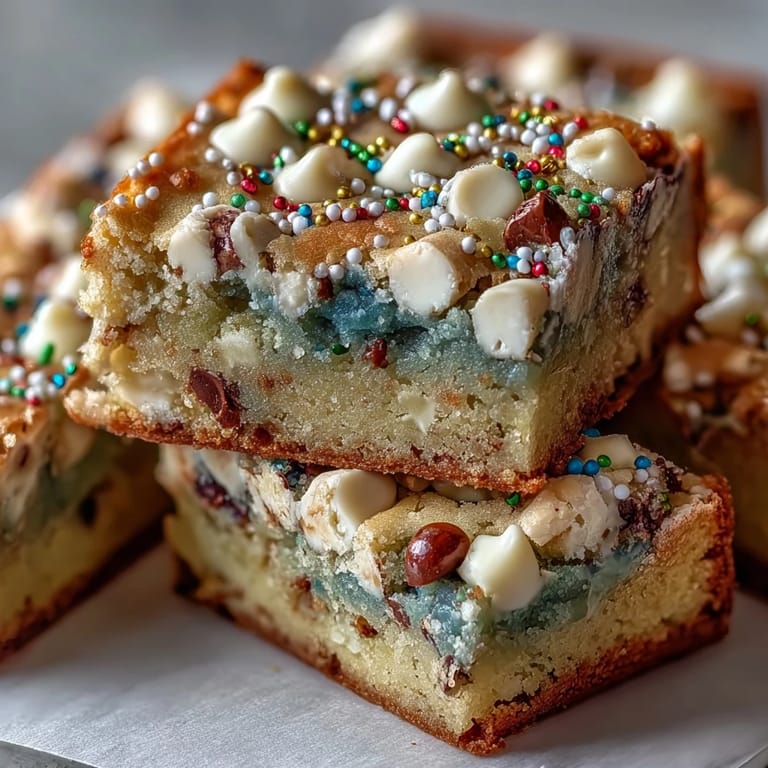 Festive St. Patrick's Day cookie bars featuring layers of colorful sprinkles and white chocolate chips for a sweet treat.