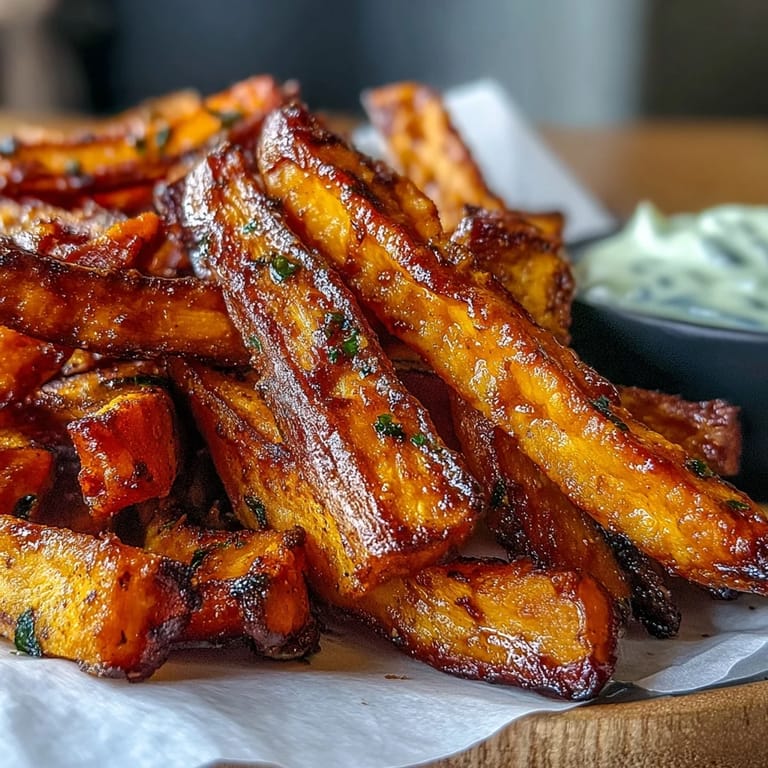 Easy air fryer sweet potato fries, seasoned with smoked paprika and garlic, served hot with a rich, tangy garlic aioli.