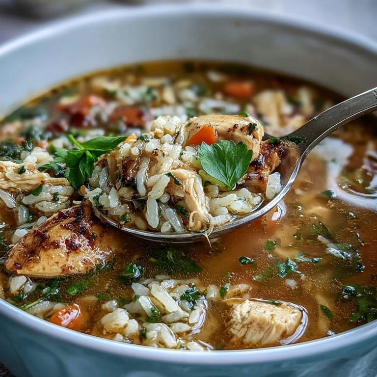 Homemade chicken and rice soup featuring juicy chicken pieces, aromatic vegetables, and perfectly cooked rice in a rich, flavorful broth.