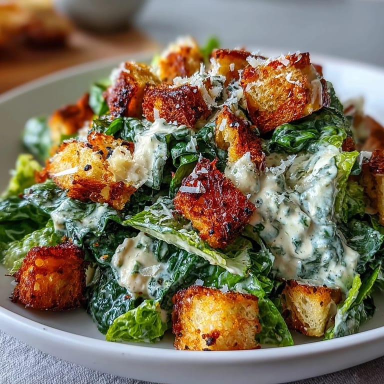 A vibrant Celery Caesar Salad with crunchy croutons and Parmesan, tossed in a tangy, homemade Caesar dressing.