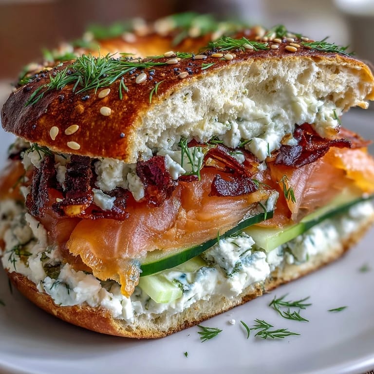 Golden-baked cottage cheese bagels layered with smoked salmon, cream cheese, and crisp cucumber slices.