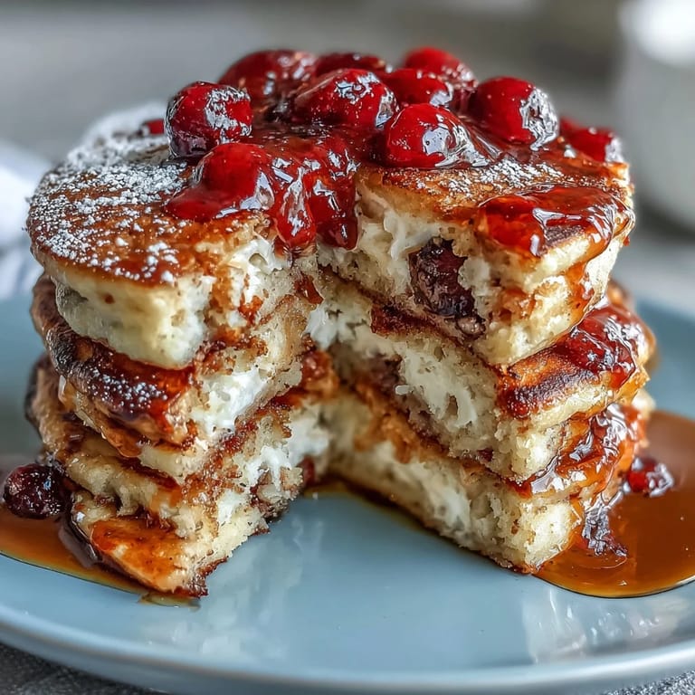 Warm blueberry pancake casserole fresh from the oven, dusted with powdered sugar and ready to serve with maple syrup.
