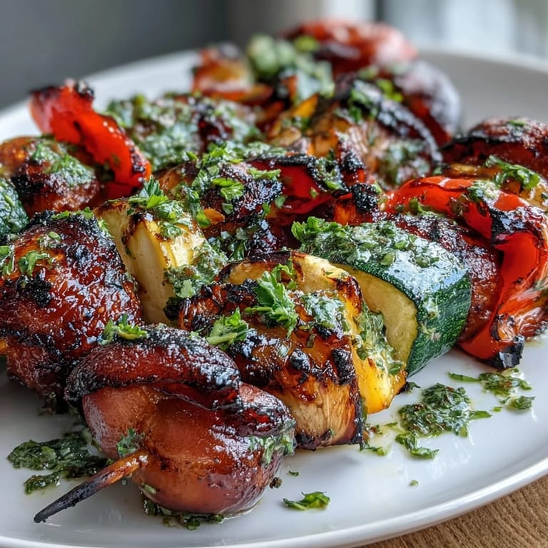 Healthy vegetarian skewers featuring seasonal vegetables and zesty chimichurri, ideal for plant-based meals and gatherings.