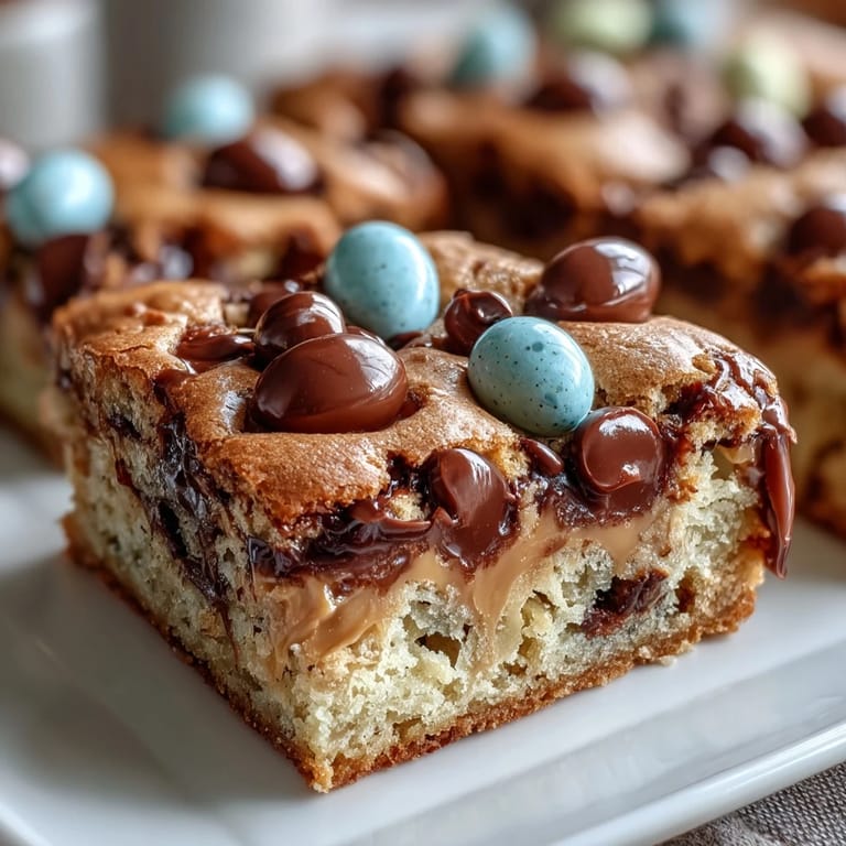 Chewy peanut butter cookie bars loaded with Easter egg chocolates, perfect for spring celebrations.