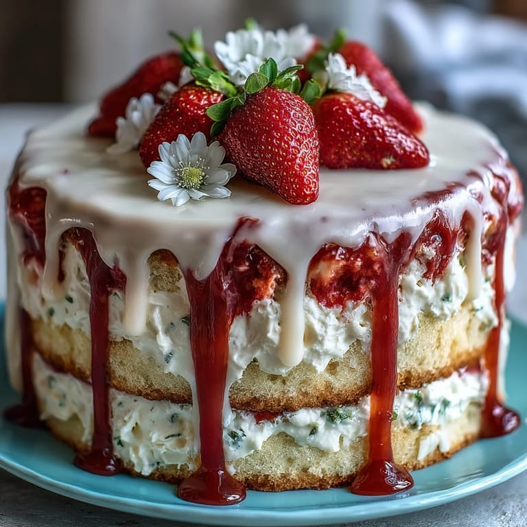 Spring cake with white chocolate drip, decorated with edible flowers and strawberries, ideal for festive gatherings.