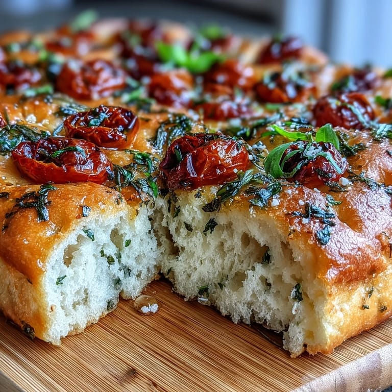 Golden Italian focaccia bread scattered with vibrant herbs, juicy tomatoes, and flaky sea salt—crispy edges, soft center, irresistible aroma.