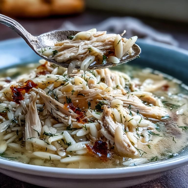 Aromatic Greek Lemon Chicken Soup featuring delicate orzo, tender chicken, and fresh dill in a velvety, citrusy broth.