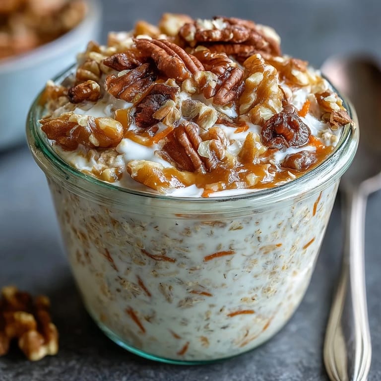 Healthy carrot cake overnight oats in a glass bowl, featuring cinnamon, nutmeg, and grated carrots, ready for a nourishing breakfast.