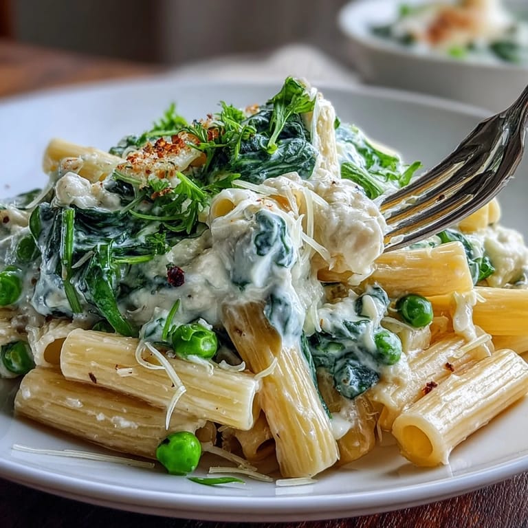 Savory one-pot pasta featuring zesty lemon, ricotta, and wilted spinach, perfect for dinner.