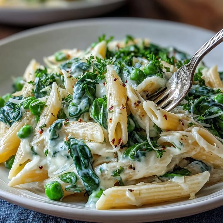 Creamy lemon ricotta pasta dish, brimming with peas and spinach, ready in thirty minutes.