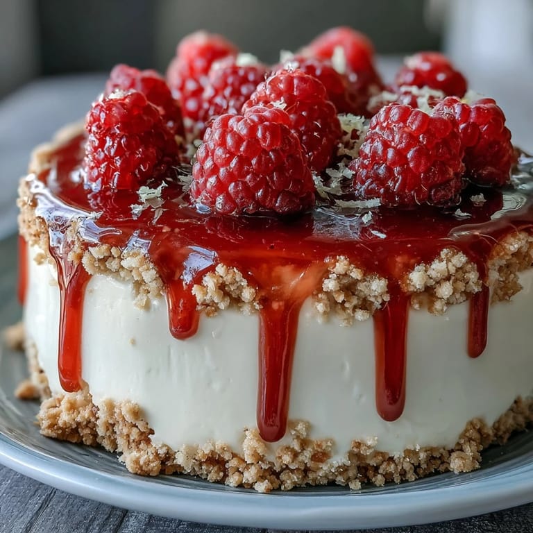 Decadent Mother's Day No-Bake Cheesecake, a perfect dessert with fresh, glossy raspberry coulis.