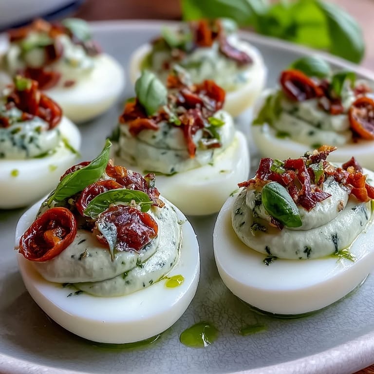Savory Caprese Deviled Eggs bursting with creamy filling, mozzarella, and cherry tomatoes.