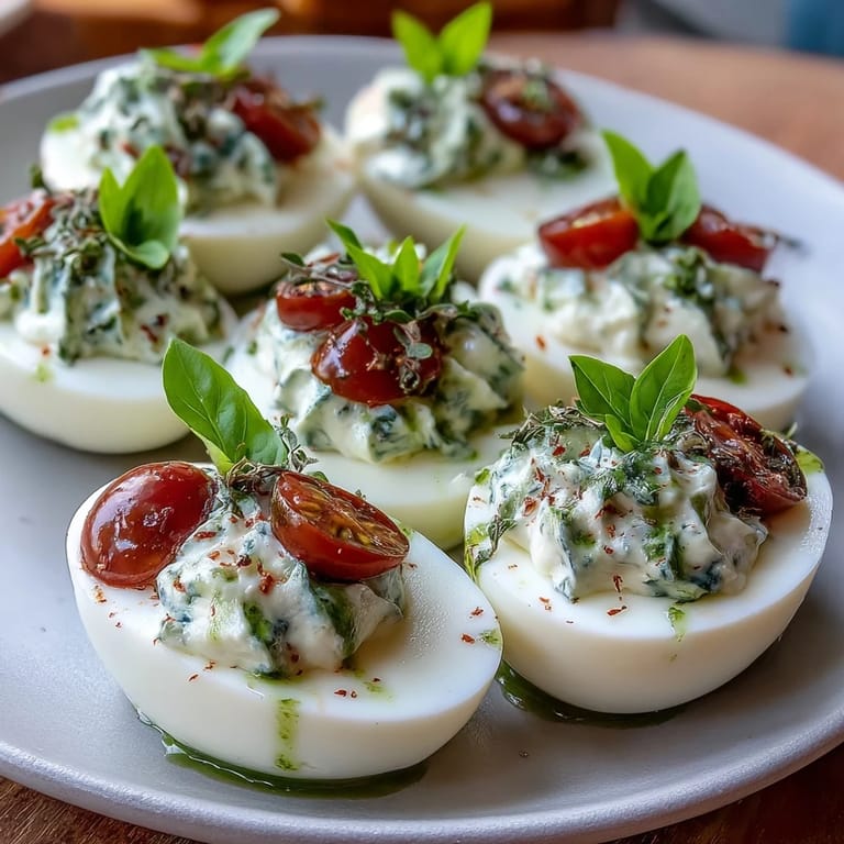 Bright Caprese Deviled Eggs, a perfect Italian twist appetizer with basil oil drizzle.