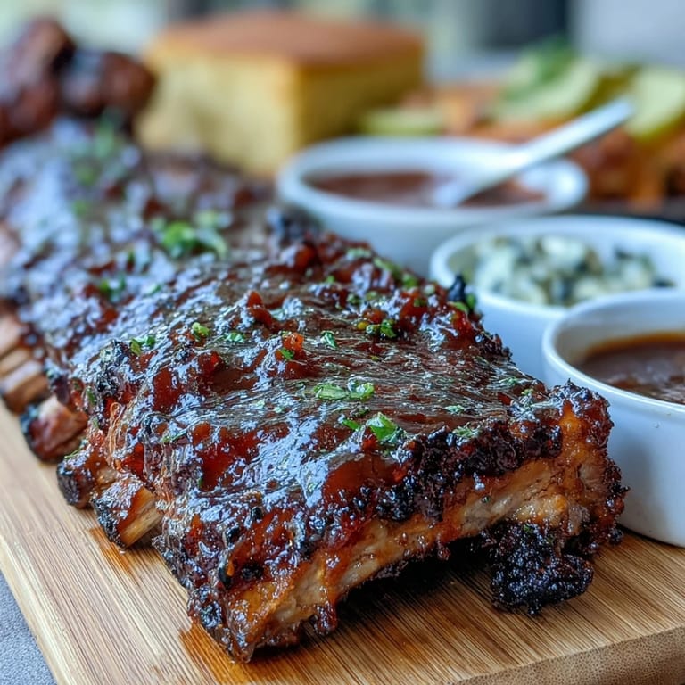 Tender, smoky BBQ ribs piled high with three vibrant sauces for easy serving.