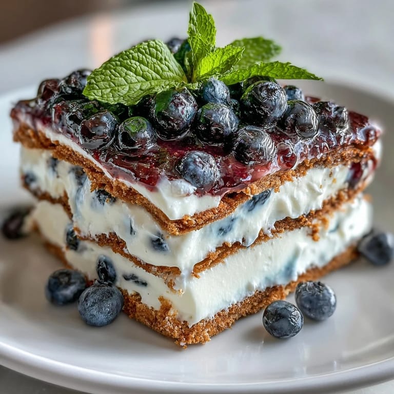 Chilled Lemon Blueberry Icebox Cake featuring creamy lemon filling and juicy blueberries.