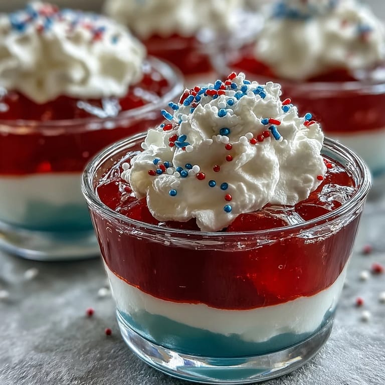 Dazzling, layered 4th of July Firecracker Jello Shots topped with whipped cream.