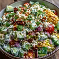 Street Corn Creamy Cucumber Salad served chilled in a white bowl garnished with fresh cilantro and crumbled feta cheese.