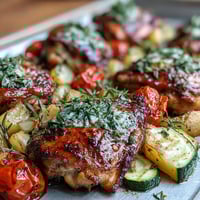 Vibrant sheet pan Mediterranean chicken with zucchini and lemon-herb potatoes, roasted to golden perfection.  