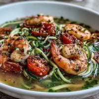A colorful bowl of zucchini noodles topped with tender shrimp in a bright lemon-garlic broth, garnished with fresh parsley.