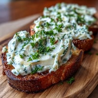 Creamy roasted garlic and herb butter spread slathered on golden crostini slices for an elegant appetizer.  