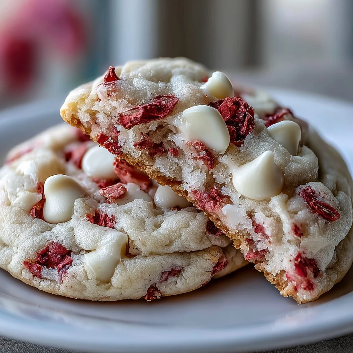 A plate of Valentine strawberry white chocolate cookies, soft and chewy with bursts of berry flavor and creamy chips.