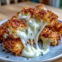 Crispy air fryer mozzarella sticks with golden breadcrumb coating, served hot with zesty homemade marinara dip for dipping.  