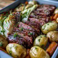 A vibrant sheet pan dinner featuring tender corned beef, roasted cabbage, and golden potatoes, perfect for a quick Irish-American meal.