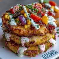 A colorful platter of crispy roasted potato rounds topped with melted cheddar and rainbow vegetables, served with tangy Greek yogurt ranch.  