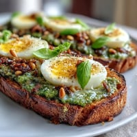 Golden sourdough toast layered with vibrant spinach pesto and a soft-boiled egg with jammy yolk, perfect for a healthy breakfast.