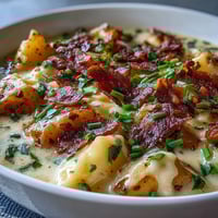 Creamy St. Patricks Day loaded baked potato soup with crispy bacon and cheddar in a rustic bowl.  