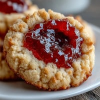 Buttery thumbprint cookies with vibrant strawberry jam centers, ideal for summer picnics and outdoor gatherings.  