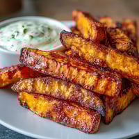 Golden crispy air fryer sweet potato fries with smoky paprika seasoning, served alongside a creamy garlic aioli dip.  