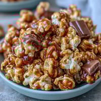 A bowl of caramel candy apple popcorn mix with dried apple pieces and colorful candy-coated chocolates.