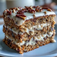 Moist carrot and walnut layer cake with tangy cream cheese frosting, garnished with walnuts and edible flowers, perfect for spring celebrations.