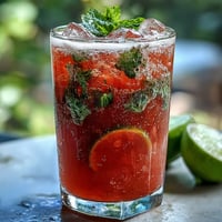 Vibrant Watermelon Lime Sparkling Punch in a glass pitcher with mint and lime slices.