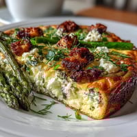 Spring Brunch Frittata with Asparagus and Goat Cheese: golden baked eggs with tender asparagus, creamy goat cheese, and fresh herbs, served warm from the oven.