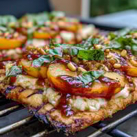 Grilled flatbread topped with juicy peaches, melted Brie cheese, and smoky BBQ sauce for a summery treat.