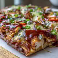 Grilled BBQ chicken flatbread pizza with smoky cheese and fresh veggies, perfect for summer dinners or parties.  