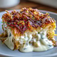 Golden, bubbling cheesy hash brown casserole topped with crispy buttered cornflakes, perfect for Easter brunch.