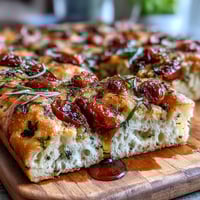 Fluffy herb focaccia topped with cherry tomatoes, fresh rosemary, thyme, and chives—golden, aromatic, and perfect for spring gatherings.