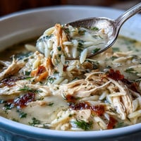 A bowl of Greek Lemon Chicken Soup with tender shredded chicken, orzo, and fresh herbs in a silky lemon broth.  