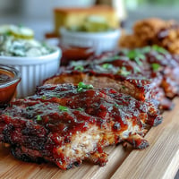 Father's Day BBQ Rib Board showcasing three glazed ribs with dipping sauces.